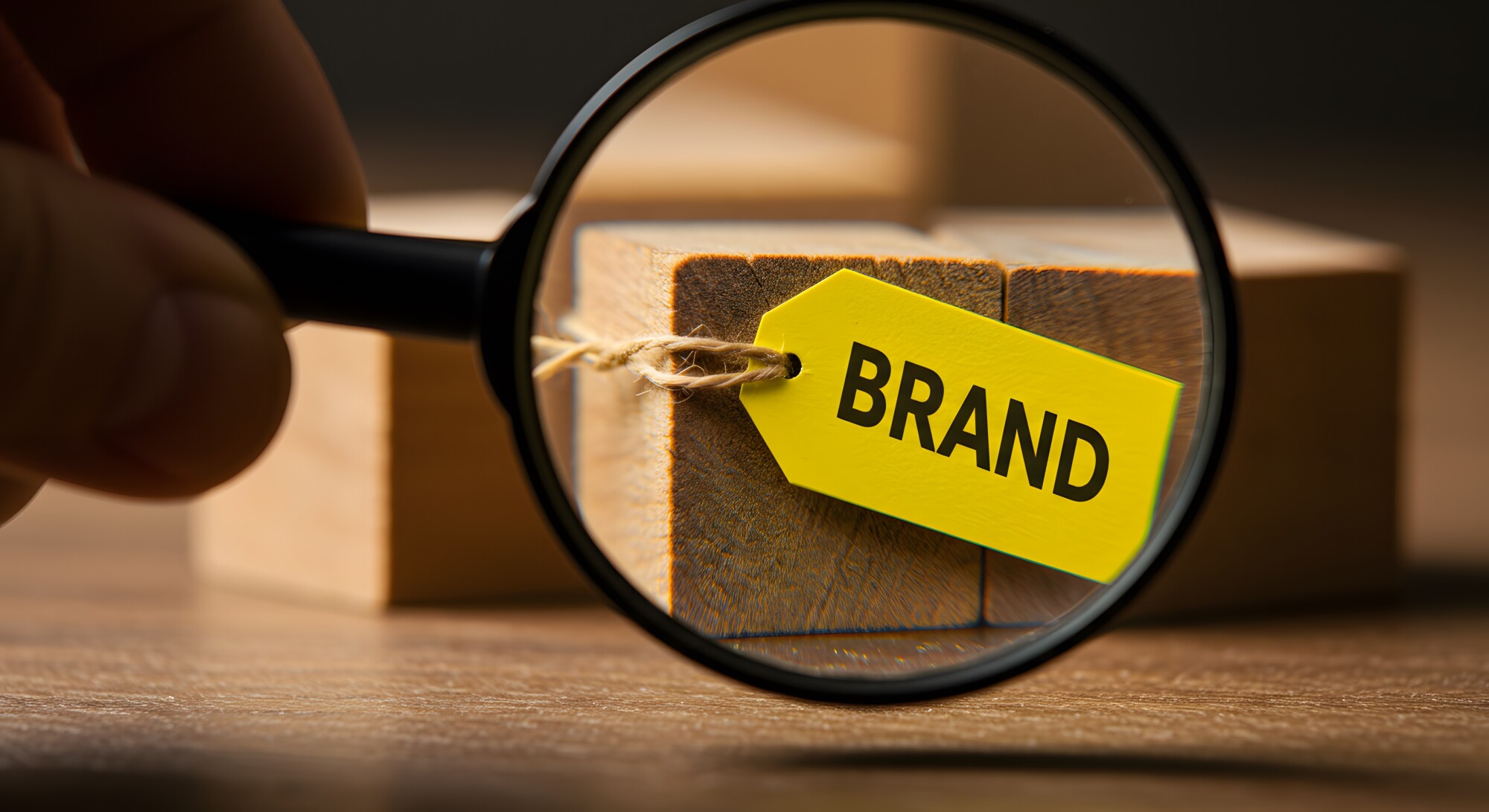 Magnifying glass inspecting brand reputation on wooden cube