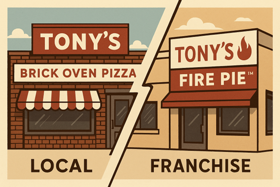 Created by AI. Rival Pizza Places - Local Tony's Brick Oven vs Franchise Tony's Fire Pie