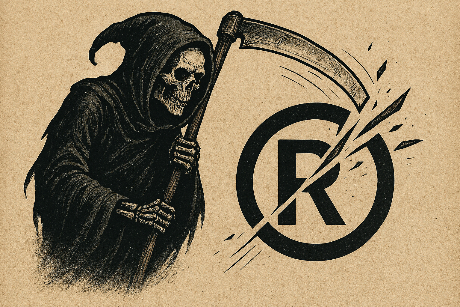 Paper charcoal drawing of skeletal grim reaper slicing a scythe through trademark symbol