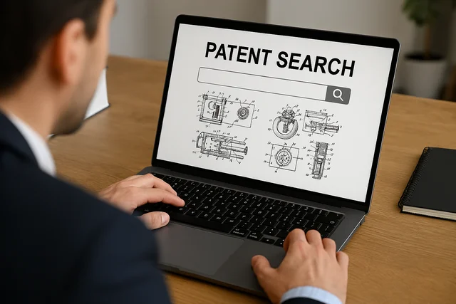 Generated by AI. Man looks at Patent Search on Laptop Screen
