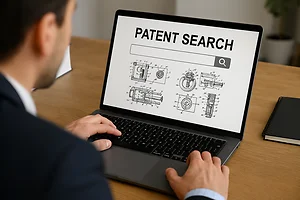 Generated by AI. Man looks at Patent Search on Laptop Screen