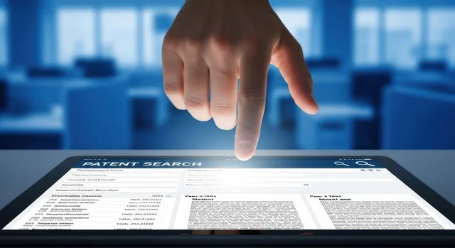 Hand interacting with patent search database on digital screen, legal research, blue corporate background, shallow depth.