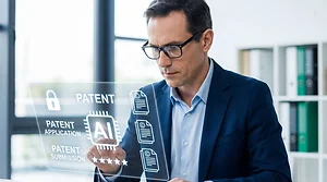Professional man in suit interacting with futuristic ai technology interface displaying patent applications and microchip in modern office environment with natural lighting