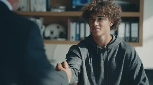 Proud athlete signing NIL contract, handshake moment captured with compliance officer, focus on professionalism, ambition, and athletic career growth.